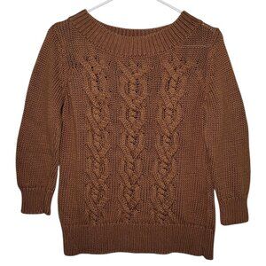 Talbots Cable Knit 3/4 Sleeve Sweater Chunky Brown Petite Large Cottagecore